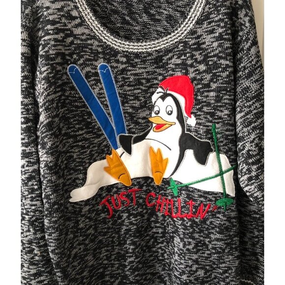 Women's 4XL Winter Just Chillin Penguin Skiing Sweater Blk & Gray - Picture 3 of 7